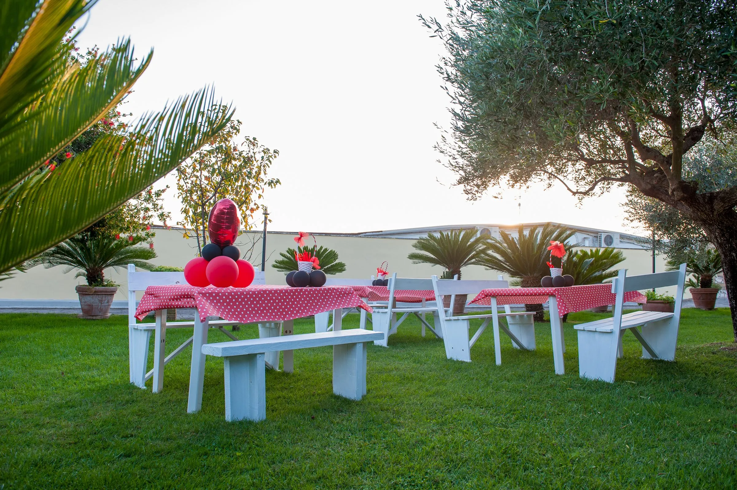Tavoli da giardino allestiti a festa, vista dal prato